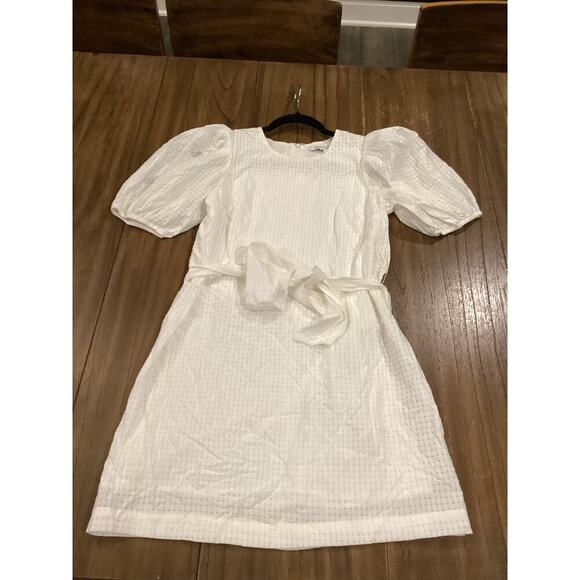 English Factory Check Print Mini Dress Belted Waist Puff Sleeve White Small - Picture 10 of 11